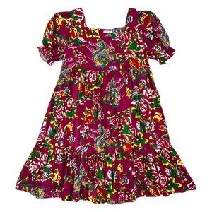 Robin Tomas Floral Tiered Midi Dress Pink Size 18 Tropical Resort Nap Smock‎